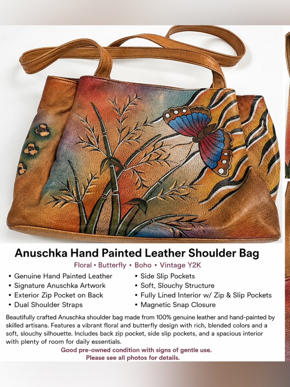 One of a kind!! Soft genuine leather, hand-painted so that not one are just like
